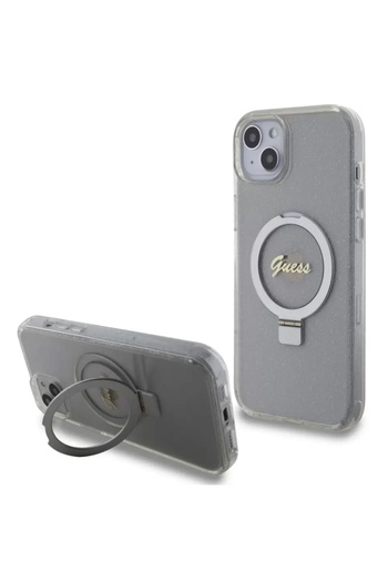 Guess Case Ring Stand Glitter MagSafe iPhone 15 Plus Transparent