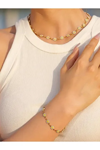 MOSSMOUR Daisy Necklace Bracelet Set – Floral Summer Jewelry – Daisy Jewelry – Beach Style Jewelry