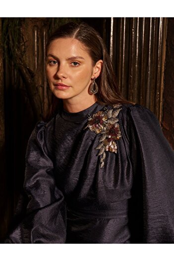 Kayra Embroidered Maxi Satin Dress Dark Navy Blue