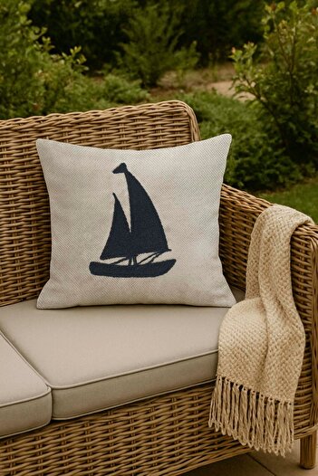 Rivaİstanbul Navy Blue Sailboat Straw Look Woven Punch Throw Pillow Cover