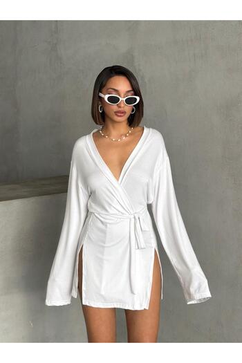 The Base Women's White Miyabi Double Breasted Kimono with Belt Detail