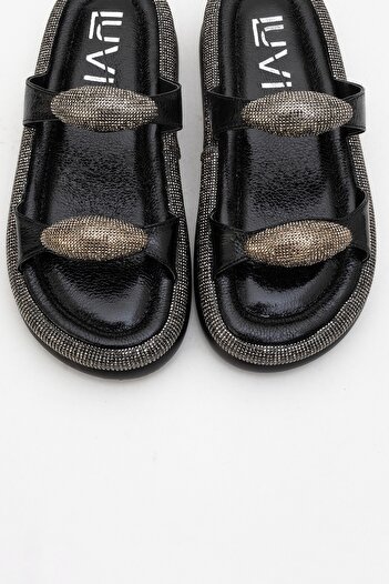 LuviShoes Finery Black Stone Buckle Women's Thick Soled Slippers