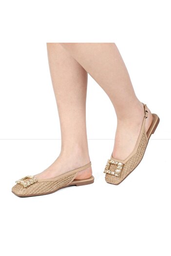 Celal Gültekin Women's Beige Ankle Strap Straw Leather Sandals