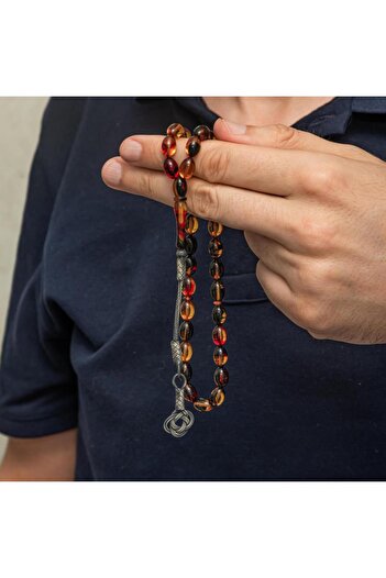 ALYANSEVİM 925 Sterling Silver Kazaz Tassels Barley Cut Mixed Color Fire Amber Prayer Beads