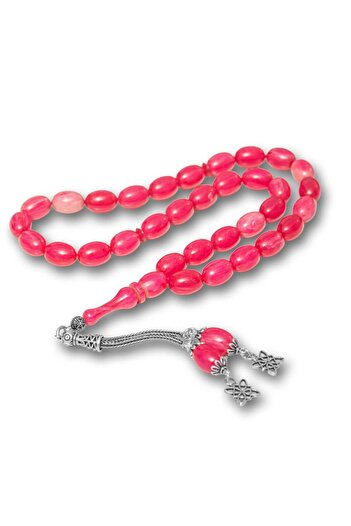 ALYANSEVİM 925 Sterling Silver Kazaz Tassel Drop Cut Pink Crimping Amber Prayer Beads