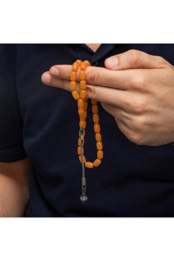 ALYANSEVİM 925 Sterling Silver Kazaz Tassel Capsule Cut Orange Clamping Amber Prayer Beads