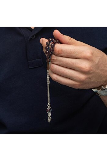 ALYANSEVİM 925 Sterling Silver Tasseled Parliement Navy Blue Stone Crimping Amber Prayer Beads