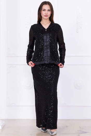 lodmela V-Neck Sequined Double Suit 4716-Black