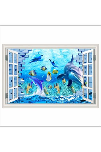 media Photo Wallpaper Window Dolphin, reef, fish, brick wall, 150 x 100 cm