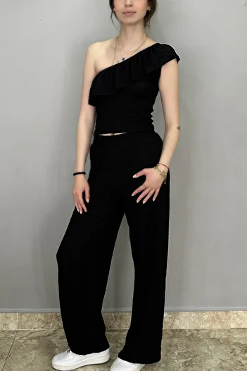 Tam Moda Women's Black Color One Shoulder Blouse - Pants Set