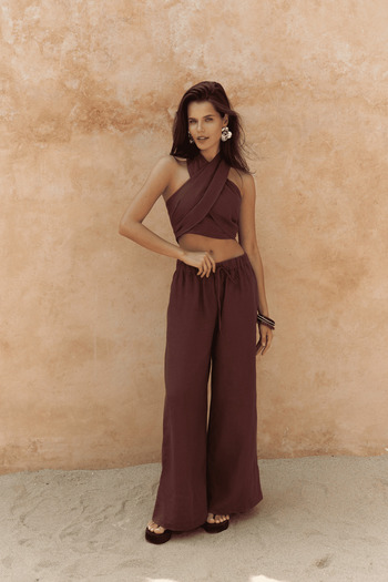 BOHEMAİ Moira Burgundy Linen Crop Trousers Set
