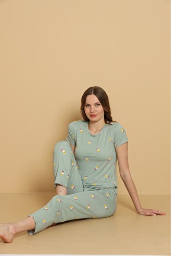 PİJART Green Popcorn Patterned Milan Fabric Pajama Set