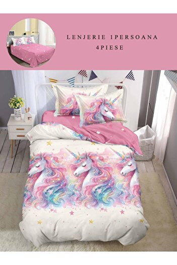 CHIRASO CHIRASO Finet 4-Piece Children's Bedding Set, 155x220 cm, Unicorn Print, pink