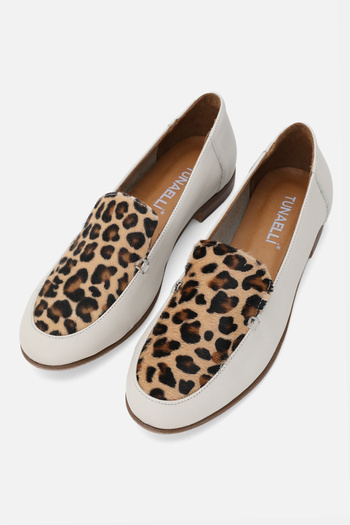 TUNAELLİ Women Beige Khaki Natural Leather 36-41 Number Leopard Patterned Ballet Flat