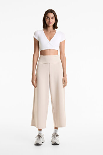 Oysho Foldover waist rib wide-leg trousers