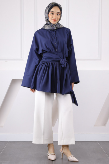 İmajButik Navy Blue Waist Tie Tunic