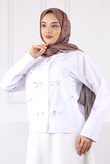 İmajButik Ecru Bow Front Button Shirt