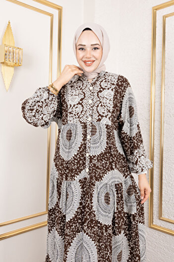 Tesettür Dünyası Viscose Long Hijab Dress with Foil Pattern Tsd250191 Brown