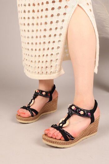 Birikon Floral Butterfly and Flower Buckle Wedge Heeled Shoes Black