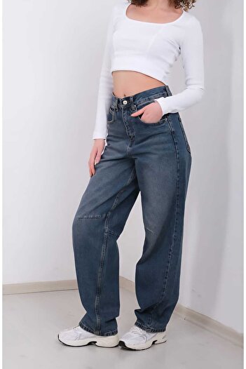 geenz manifacture Toka Detaylı Bol Kesim Geniş Paça Rahat Baggy Jean Kot Salaş Kadın Pantolon