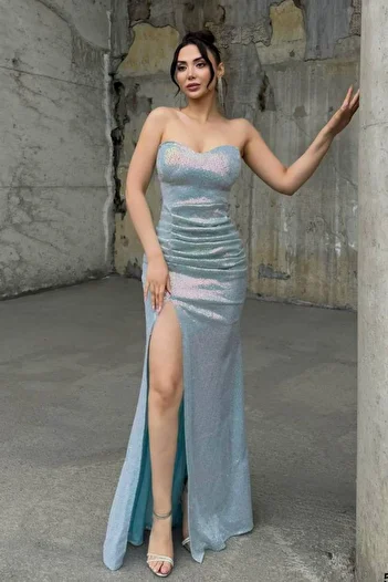 Modafeminen Women's Strapless Neckline Slit Detail Draped Long Glitter Sequined Maxi Evening Dress Turquoise 583164