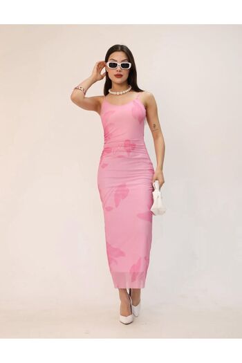 Gameyal Women's Comfortable Fit Pink Floral Printed Lined Dress with Adjustable Straps