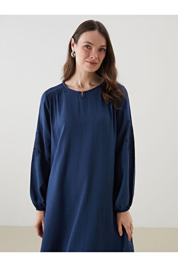 LC Waikiki Lcw Grace Indigo Crew Neck Embroidered Linen Look Dress S5M276Z8Nvy25