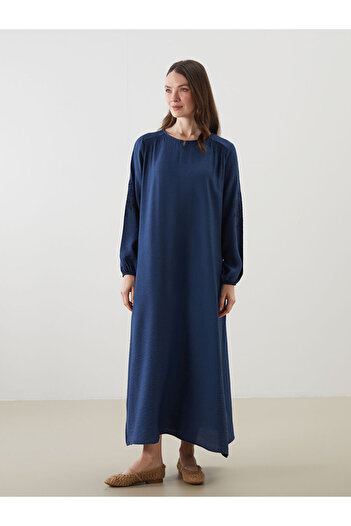 LC Waikiki Lcw Grace Indigo Crew Neck Embroidered Linen Look Dress S5M276Z8Nvy25