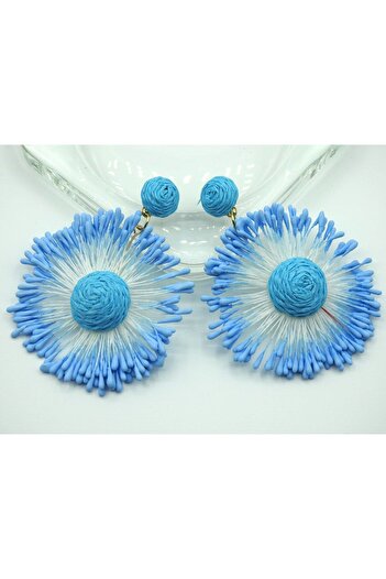 velissa Light Blue Straw Flower Design Hanging Summer Light Women's Earrings