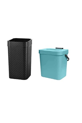 Mugypyr Kitchen Waste Bin Set of 2, Plastic, Black/Blue, 23 x 23 x 30 cm/19 x 15 x 25 cm