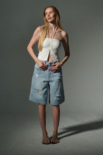 Maule Buckle Detailed Loose Cut Casual Baggy Jean Jeans Loose Women's Bermuda Below Knee Denim Shorts @Casoria
