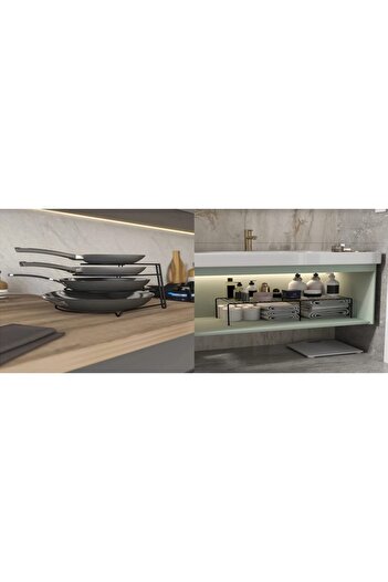 YÜCEKAYA TİCARET Set of 2 Countertop Organization, Shelf Organizer + Pan Organizer Matte Black Cabinet Organization Set