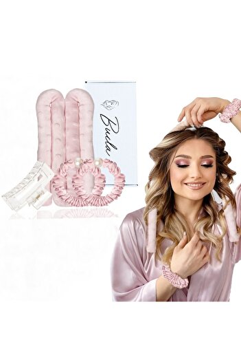 Salestore Set ondulator fără căldură pentru bucle naturale, material moale, 2 elastice de păr, agrafe, culoare roz