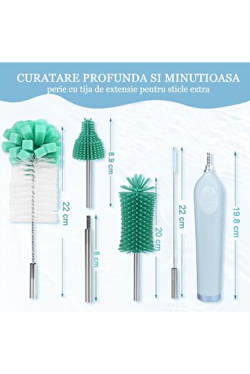 Salestore Perie electrică pentru biberoane, 3 viteze, 4 capete, tijă telescopică, încărcare USB, rezistentă la apă IPX7, 7W, verde