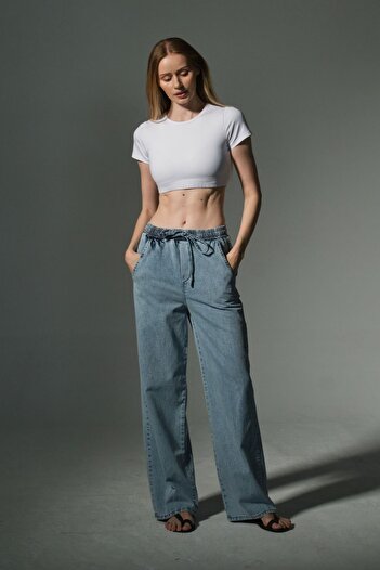 Maule Elastic Waist, Relaxed Fit, 100% Cotton Jean Women's Palazzo Pants @Aveiro