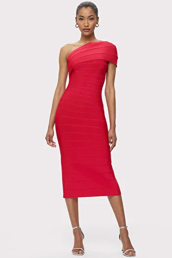 Herve Leger ICON ONE SHOULDER BANDAGE DRESS - HERVE LEGER - L, RED