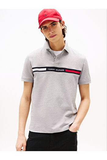 Tommy Hilfiger Men Light Grey Heather Hilfiger Chest Insert Short Sleeve Polo T-Shirt