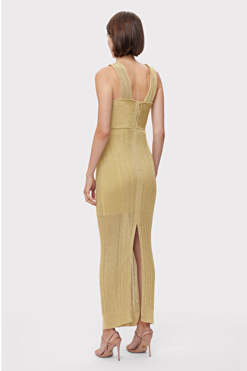 Herve Leger METALLIC TEXTURED RIB DRESS - HERVE LEGER - GOLD, M