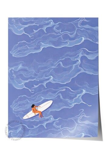 Postifull Frameless Wall Poster, Female Surfer, Illustration, Blue Color Poster, 2025 Summer Selection, No:109517