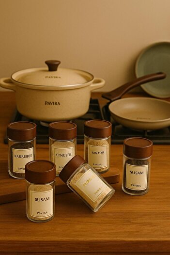Pavira Casilda 6-Piece Acacia Lid Glass Spice Jar 240 ml with 16 Labels