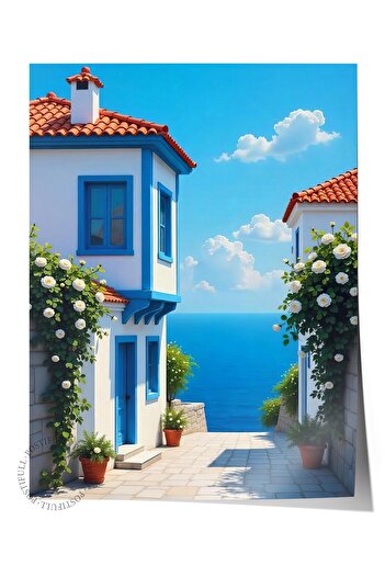 Postifull Frameless Wall Poster, House with Sea View, Photo, Blue Color Poster, 2025 Summer Selection, No:10970