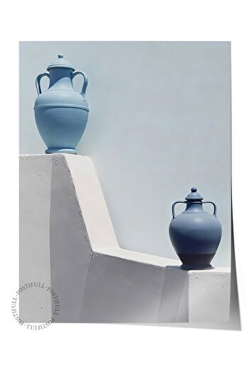 Postifull Frameless Wall Poster, Two Blue Flower Pots, Photo, Blue Color Poster, 2025 Summer Selection, No:109707