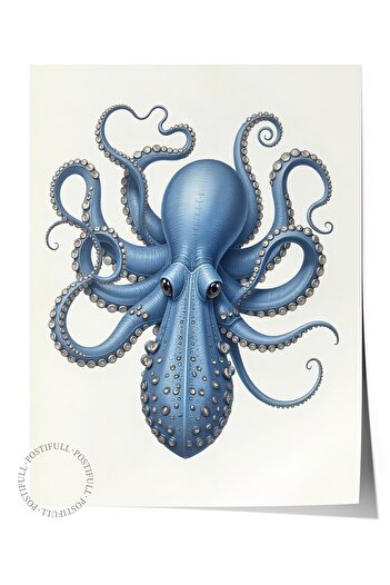 Postifull Frameless Wall Poster, Octopus, Illustration, Blue Color Poster, Summer Selection of 2025, No:109619
