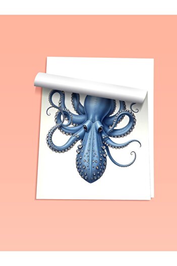 Postifull Çerçevesiz Duvar Posteri, Ahtapot, İllüstrasyon, Mavi Renk Poster, 2025 Yaz Seçkisi, NO:109619