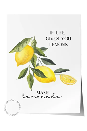 Postifull Frameless Wall Poster, Lemons, Leaves, Text, Watercolor, Typography Based, Yellow, Green Color