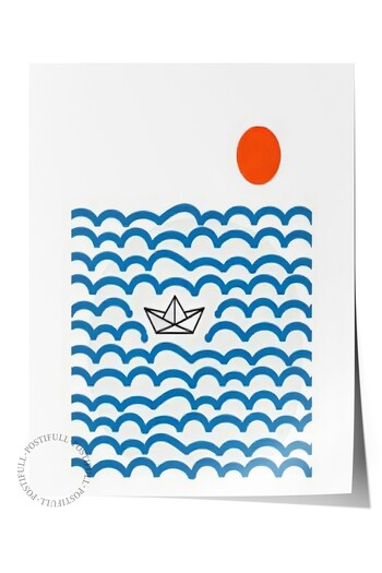 Postifull Frameless Wall Poster, Paper Boat, Illustration, Maximalist, Blue Color Poster, 2025 Summer Selection,