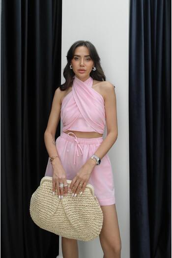 Havoş Pink Shorts Tie Blouse Linen Suit