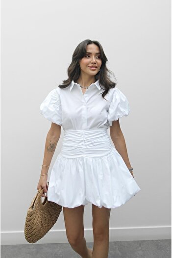 Havoş White Balloon Sleeve Shirt Skirt Suit