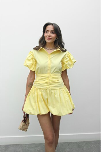 Havoş Yellow Balloon Sleeve Shirt Skirt Set
