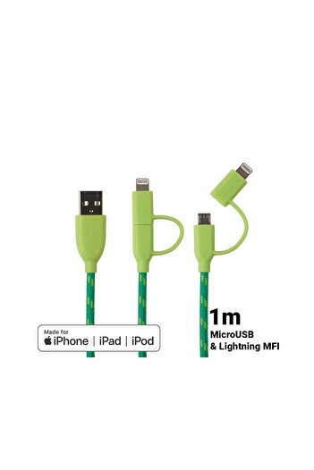 Boompods MicroUSB & Lightning MFI Duo Green Cable (1m, textile braid)
